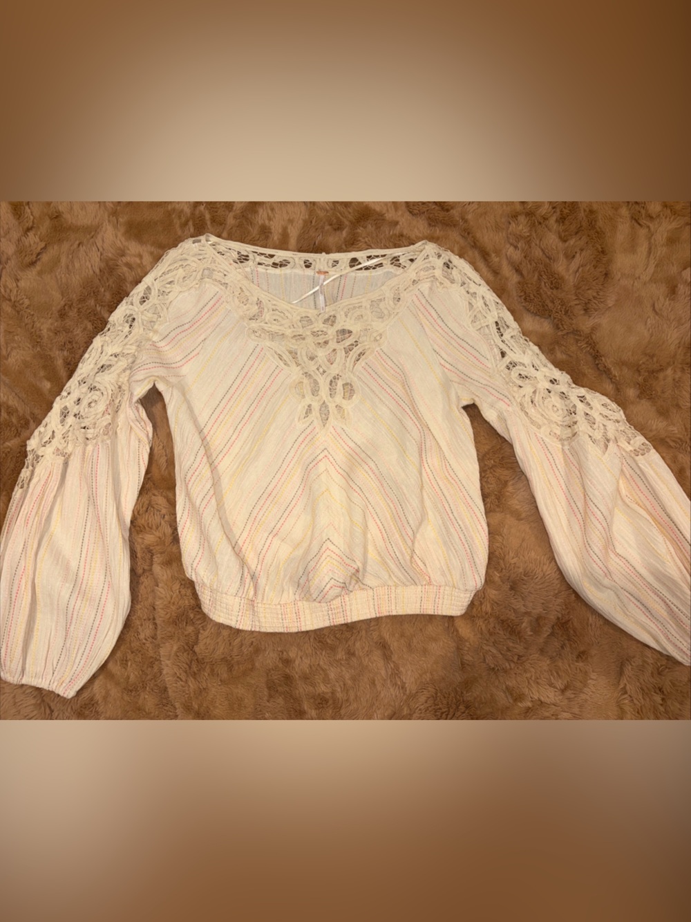 Free People Romantic Boho Top Cream Colorful Long Lace Dramatic Sleeves Peasant